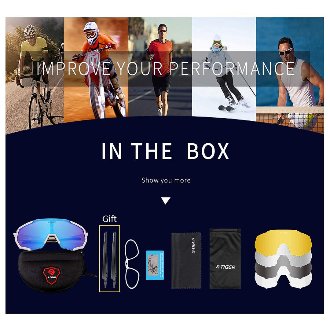 X-TIGER Polarized Sports Sunglasses with 5 Interchangeable Lenses,Mens Womens Cycling Bike Glasses,Baseball Running Fishing Golf Driving Sunglasses