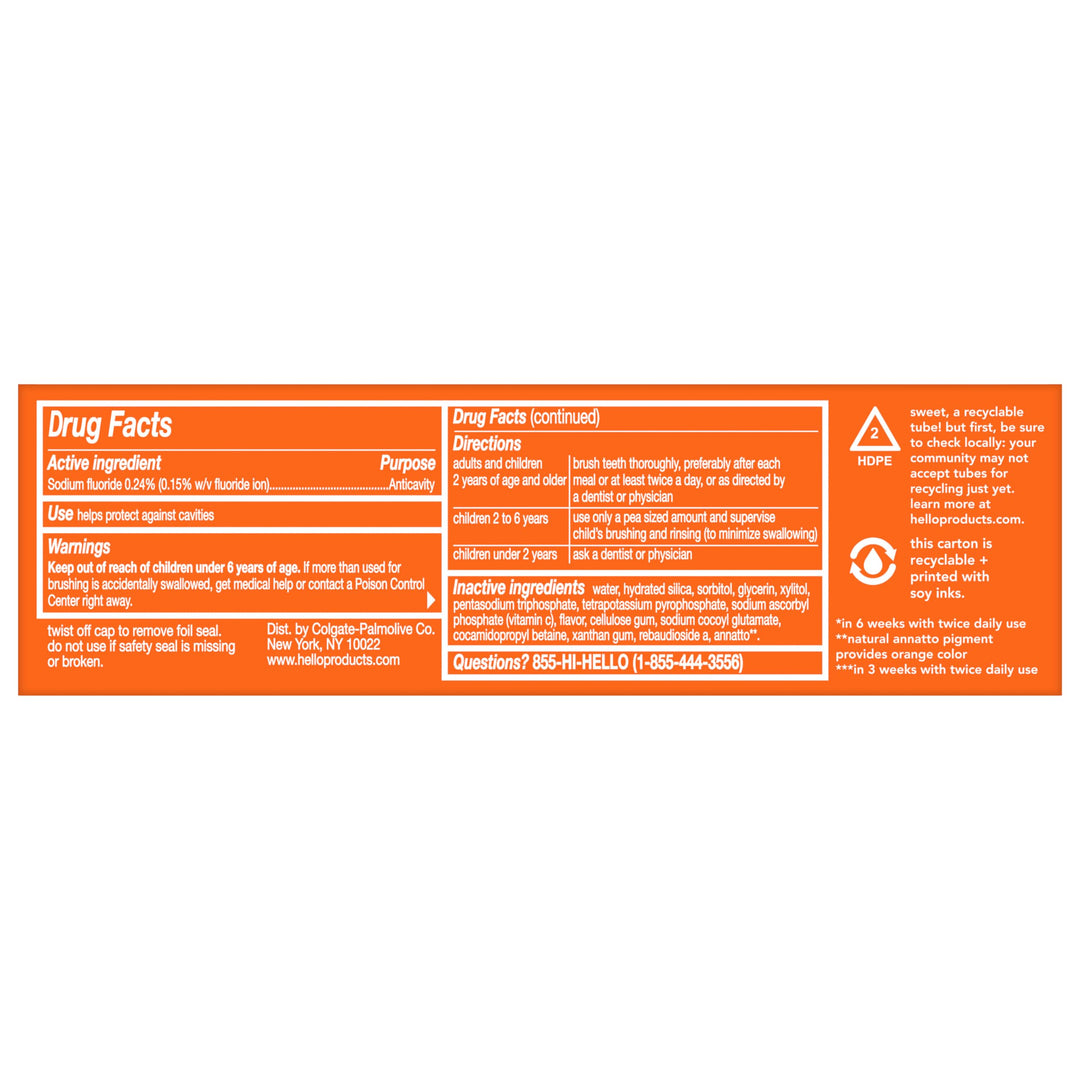 hello Vitamin C Whitening Toothpaste with Fluoride, Whitening SLS Free Toothpaste, Up to 2 Shades Whiter Teeth, No Peroxide, Safe for Everyday Use, Natural Peppermint, 4.0 Oz