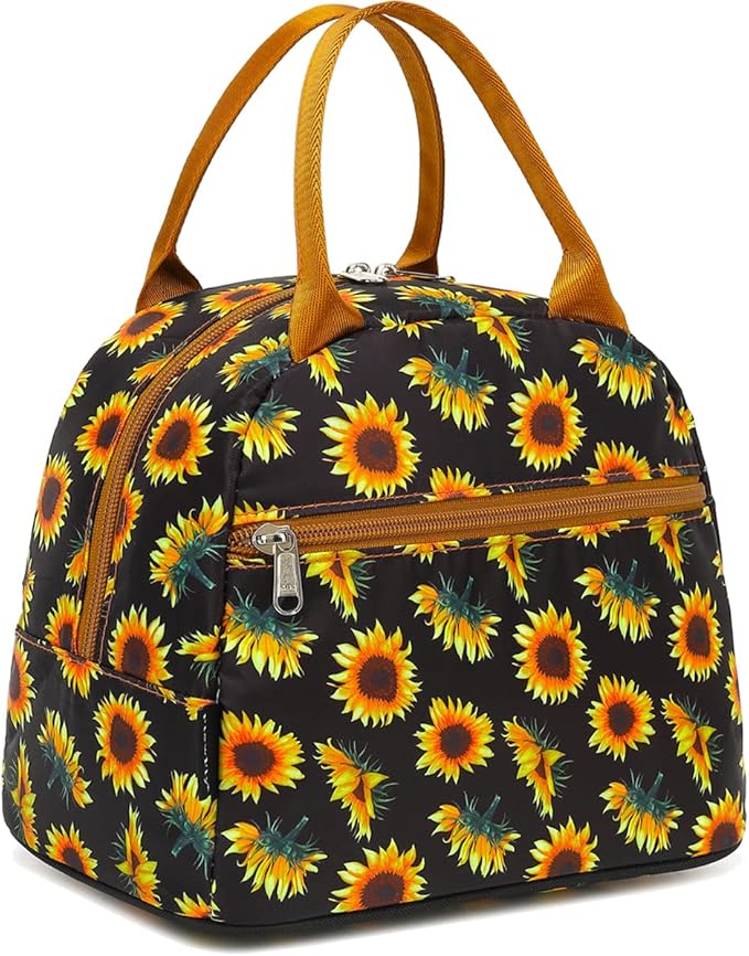 FlowFly Insulated Reusable Lunch Bag Adult Large Lunch Box Lunch Tote for Women and Men,With Front Pocket,SunFlower