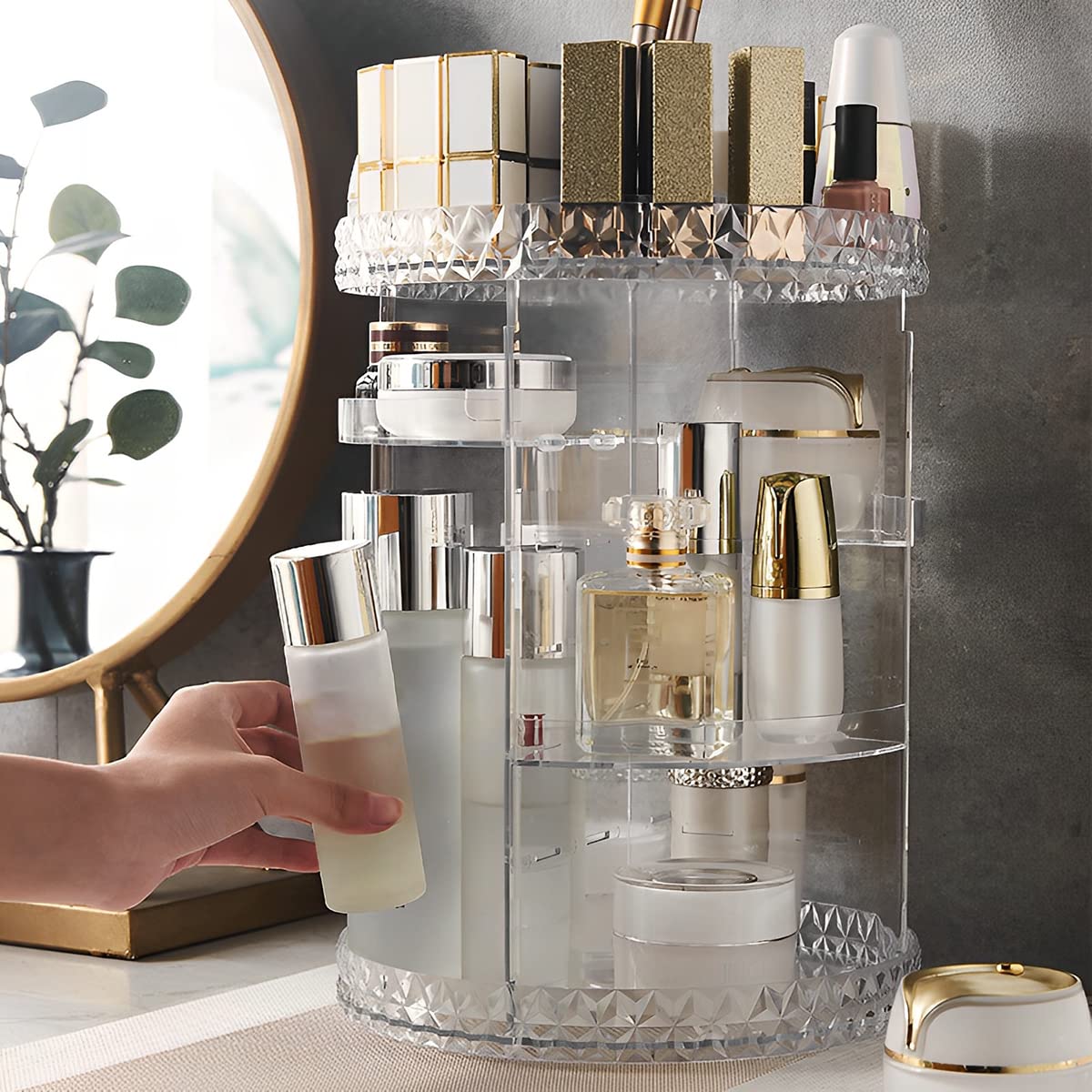 3 Tiers Rotating Makeup Organizer with Compartment 360° Rotating Makeup Stand Display Case Large Capacity Cosmetic Display Box Clear for Dresser Bathroom Skincare,Lipsticks,Makeup Brushes