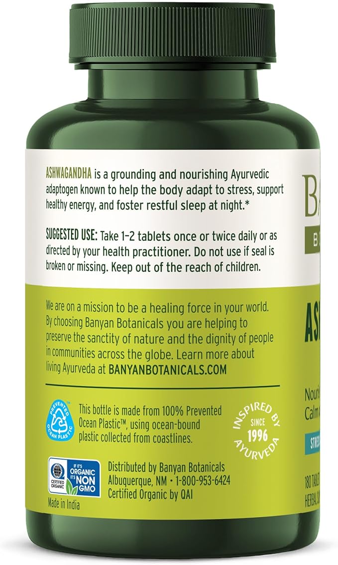 Banyan Botanicals Ashwagandha Tablets – Organic Ashwagandha Root – Renowned Herbal Adaptogen for Natural Energy Support and Stress Support* – 180 Tablets – Non-GMO Sustainably Sourced Vegan