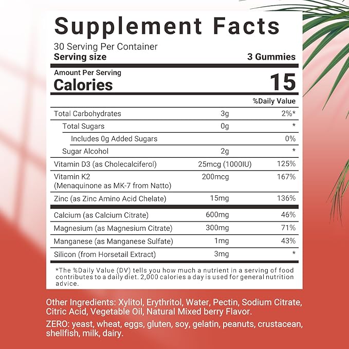 Calcium with Vitamin D3 K2 Gummies, Sugar Free Calcium Supplement for Women & Men, Chewable Calcium Citrate with Magnesium, Zinc for Bone, Muscle & Immune Support