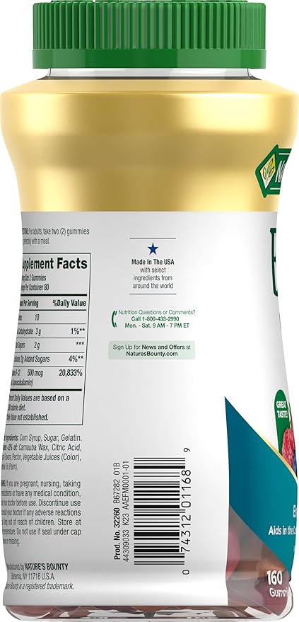 Nature's Bounty Vitamin B12 Gummies, Dietary Supplement, Supports Energy Metabolism and Nervous System Health, Mixed Berry Flavor, 500mcg, 160 Count