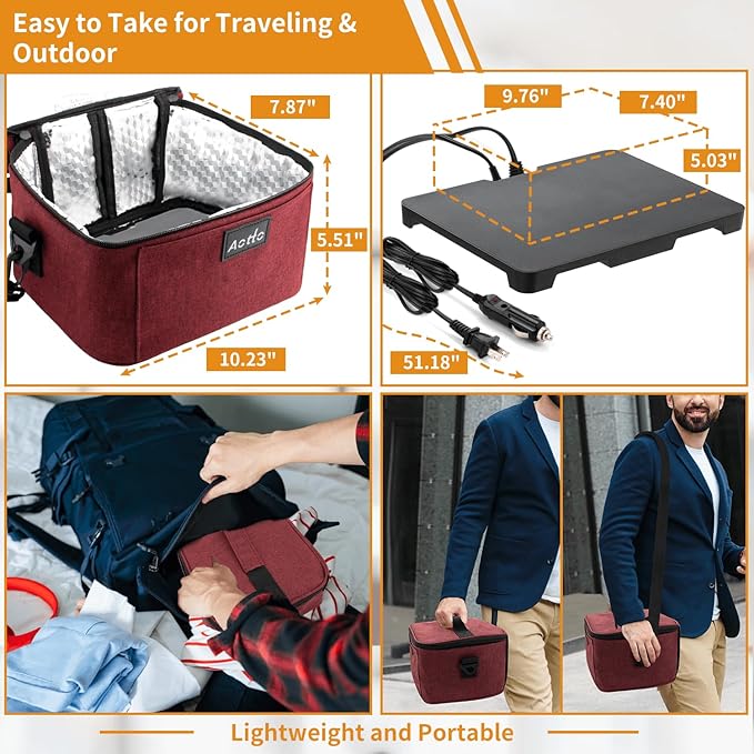 Aotto Portable Oven, Electric Lunch Box Food Heater - 12V/24V/110V 3-in-1 Car Food Warmer - Heated Lunch Box for Adults - Cook, Reheat & Keep Meals Warm for Car, Truck, Travel, Work, Home - Red