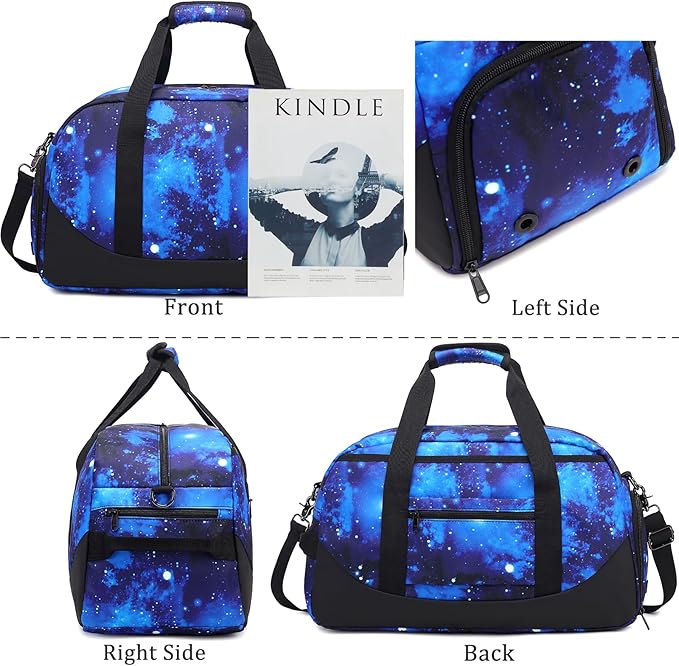 JIANYA Kids Sports Overnight Bag for Girls Boys Small Gym Duffle Bag Teens Gymnastics Bag Sleepover Bag with Shoe Compartment, Galaxy Blue