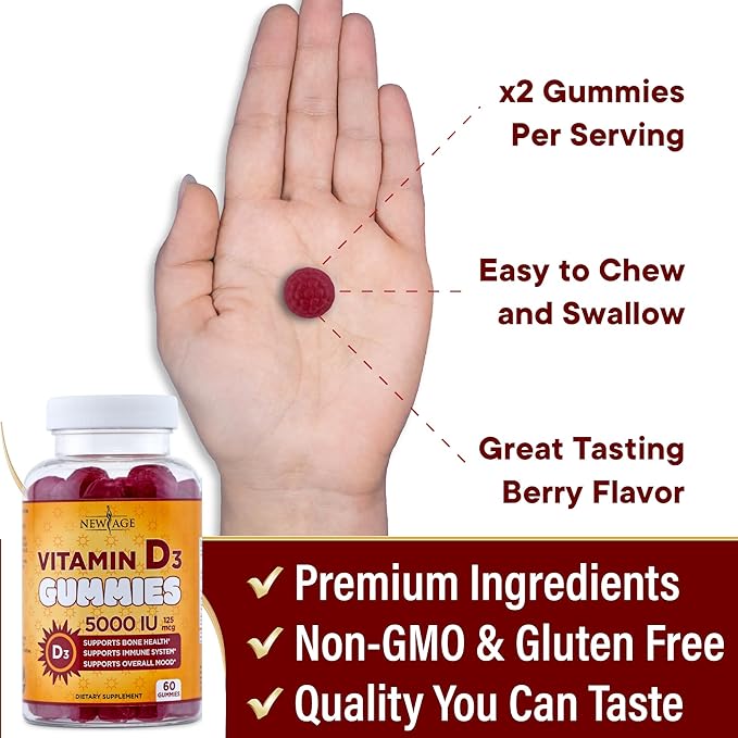 NEW AGE Vitamin D3 5000 IU 125mcg Gummies - Support Immune Support, Strong Bone Health - Non-GMO, Gluten-Free, Dairy-Free, No Gelatin (180 Gummies (Pack of 3))
