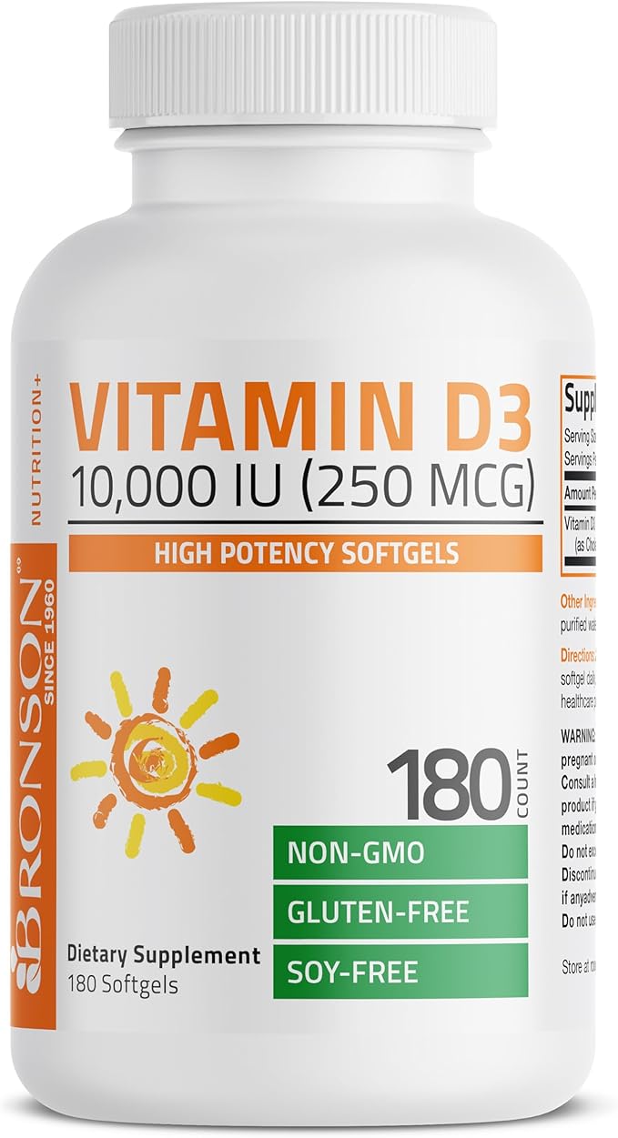 Bronson Vitamin D3 10,000 IU (250 mcg) High Potency - Supports Healthy Immune System, Strong Bones, Muscles & Teeth - Non GMO, 180 Softgels