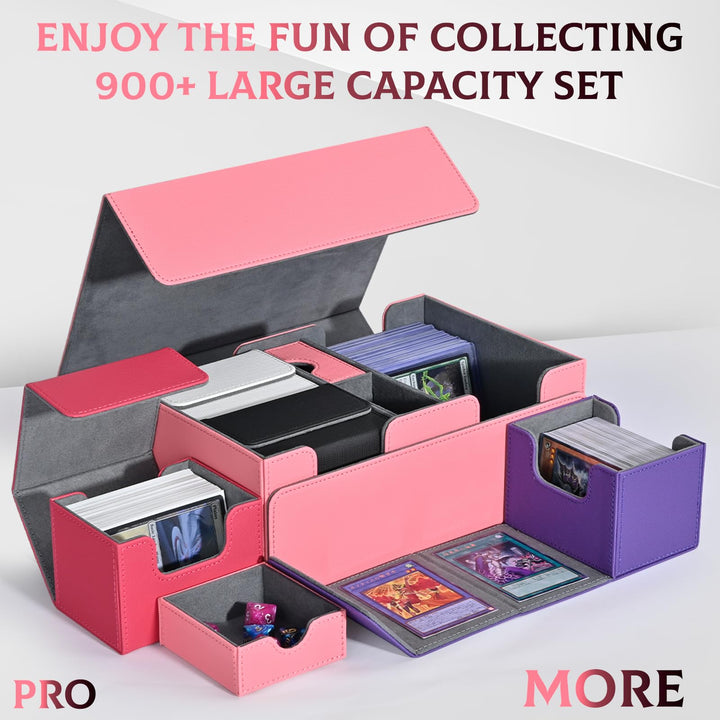 ZLCA Card Deck Box for Trading Cards with 4PCS Deck Cases, MTG Commander Deck Box Holds 900+ Single Sleeved Cards, PU Leather Magnetic Card Storage Box Fits for TCG CCG Magic Cards（Pink Set）