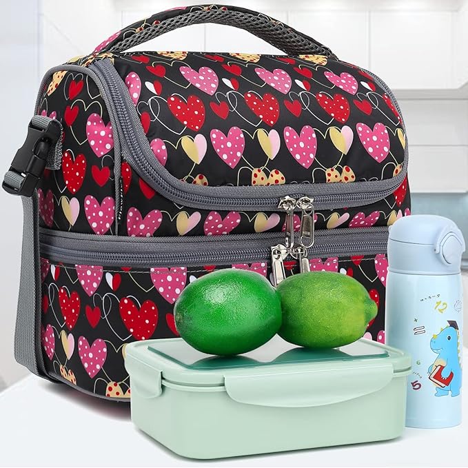 FlowFly Double Decker Cooler Insulated Lunch Bag Large Tote for Boys, Girls, Men, Women, With Adjustable Strap,Heart