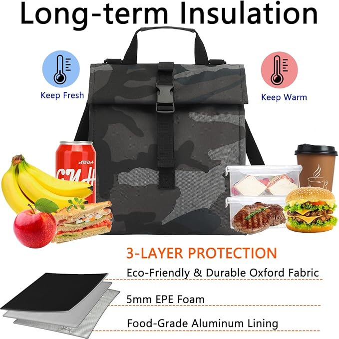 Insulated Lunch Bag for Men/Women,Roll top Reusable Lunch Box with Adjustable Shoulder Strap,Thermal Lunch Cooler Tote Container for Adults Work Office Picnic,Black Camouflage