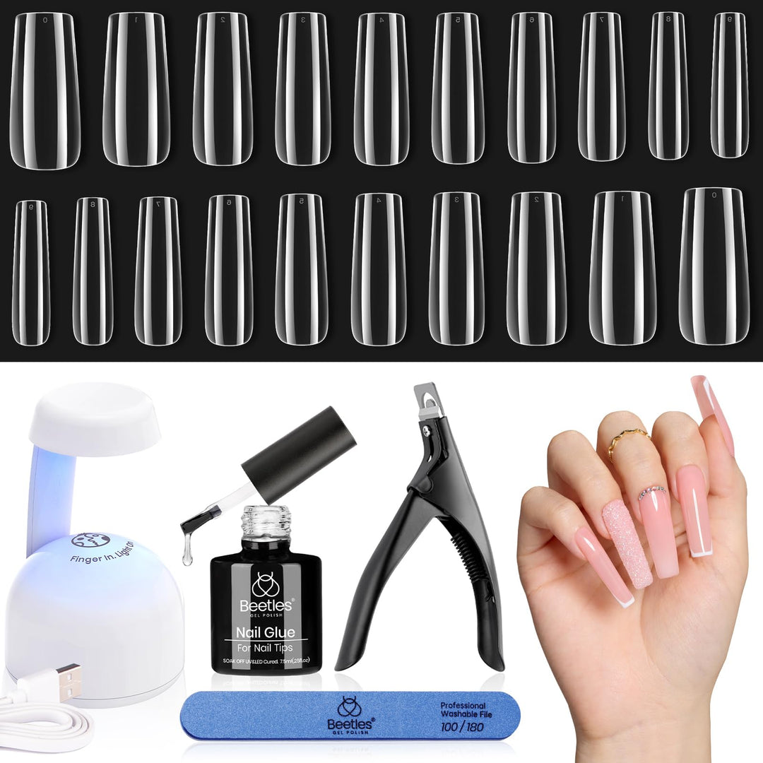 Beetles Gel Nail Kit Easy Extension Set, 240 Pcs Long Square Gel Nail Tips Full Cover With 5 In 1 Nail Glue Base Gel And Innovat
