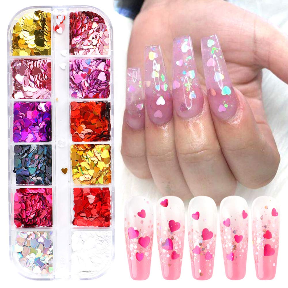 Valentine Heart Nail Glitters Sequins Heart Nail Decals 12Colors Heart Nail Art Confetti 3D Holographic Shiny Nail Flakes Acryli