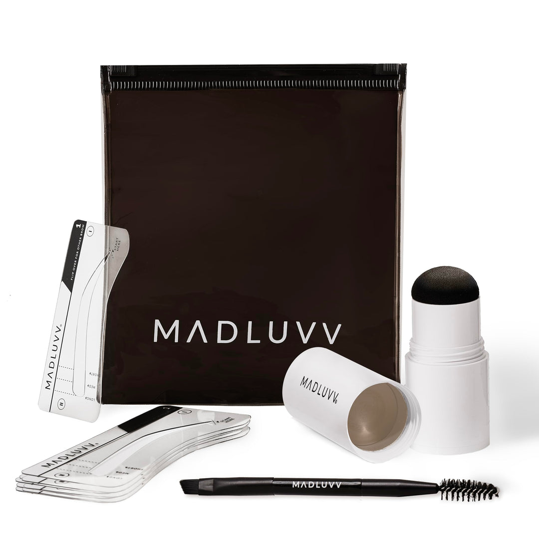 MADLUVV Eyebrow Stencil Kit - Easy-to-Use, Natural Look, 9 Popular Shapes, Used by Professionals - Includes Stamp, Stencils, Spoolie, and Travel Bag (Taupe)