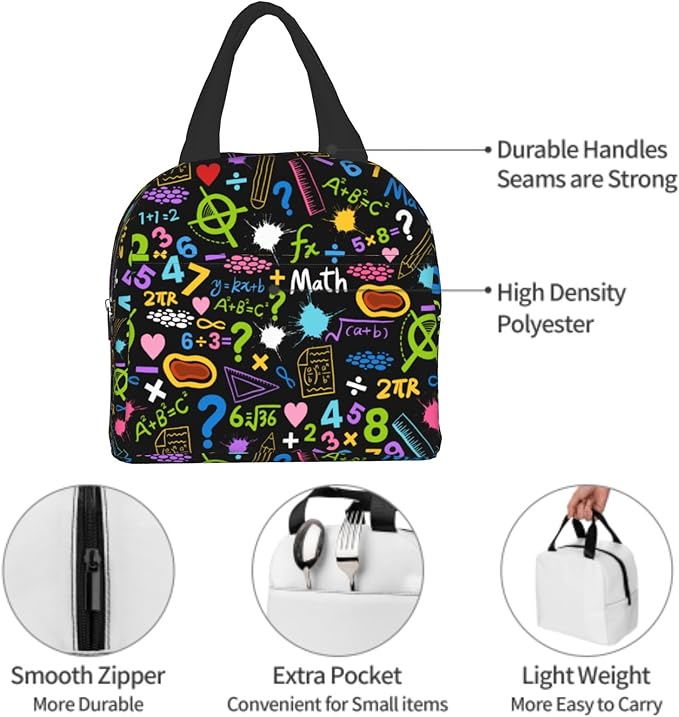 Imiss Math Education Lunch Bag Colorful Formulas Calculations Lunch Box with Front Pocket Reusable Thermal Cooler Bag for School Work Picnic Travel Meal Prep Bag
