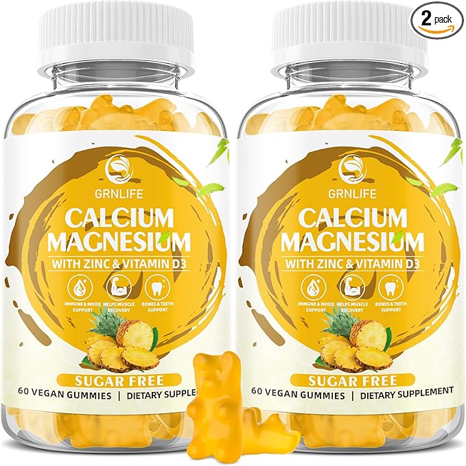 Calcium Magnesium Zinc Gummies with Vitamin D3, Sugar Free Calcium Gummies for Women Men, High Potency Magnesium Gummies for Bone & Muscle & Immune Health, Pineapple Flavor - 120 Count