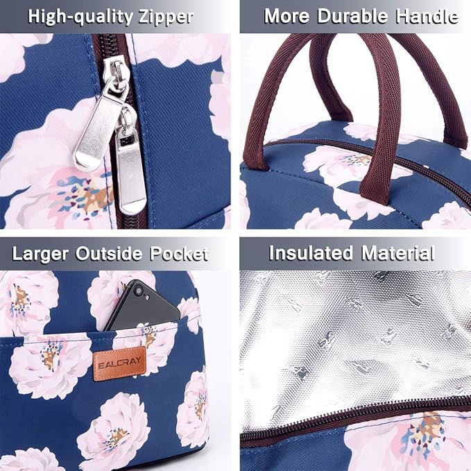 BALORAY Lunch Bag for Women Men Insulated Lunch Box for Adult Reusable Lunch Tote Bag for Work, Picnic or Travel (Pink Flower)