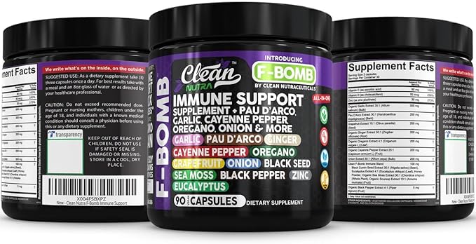Organic Immune Support with PAU D'Arco Garlic Cayenne Pepper Oregano Ginger Grapefruit Onion Black Seed Sea Moss Black Pepper Zinc Eucalyptus Vitamin C Vitamin D Organic Soursop by Clean Nutra