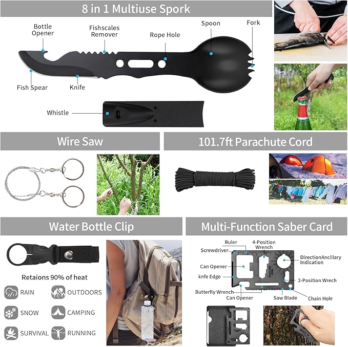 Emergency Survival Kit, Camping First Aid Survival Kit with Molle Pouch for Earthquake Preparedness Outdoor Adventure, Black