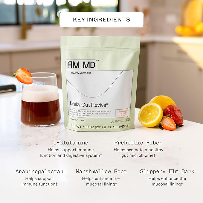 Amy Myers MD Leaky Gut Revive Powder for Gut Repair -L Glutamine, Slippery Elm -Supports Constipation, Diarrhea, Bloating, Heartburn, SIBO -Licorice & Marshmallow Root -Strawberry Lemonade- 7.09 Oz