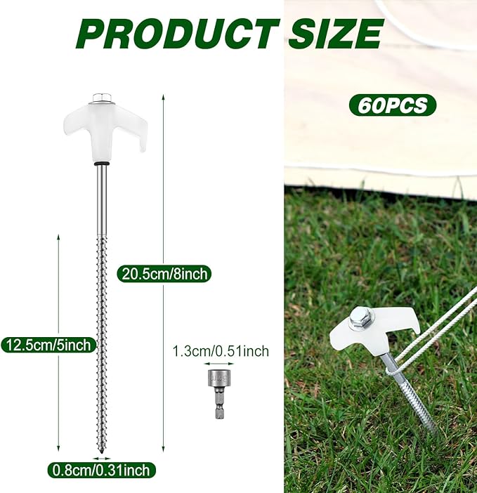 Hicarer 60 Pcs 8'' Screw in Tent Stakes Heavy Duty Ground Anchors Screw in Tent Pegs Ground Stakes Tent Spikes Metal Tent Spikes with Hex Head Driver for Camping Garden Canopies (Luminous White)