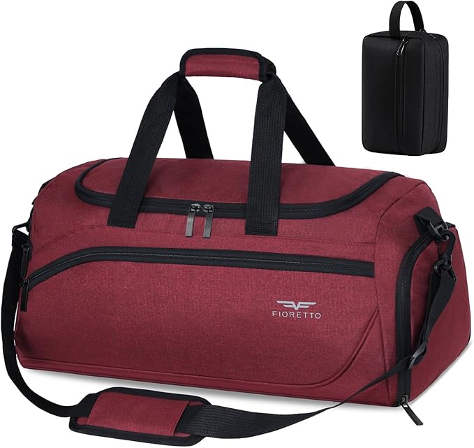 FIORETTO 35L Mens Sports Gym Bag with Toiletry Bag & Shoe Compartment, Travel Duffle Bag Overnight Bag with Padded Shoulder Strap, Sports Holdall for Swimming, Basketball Red