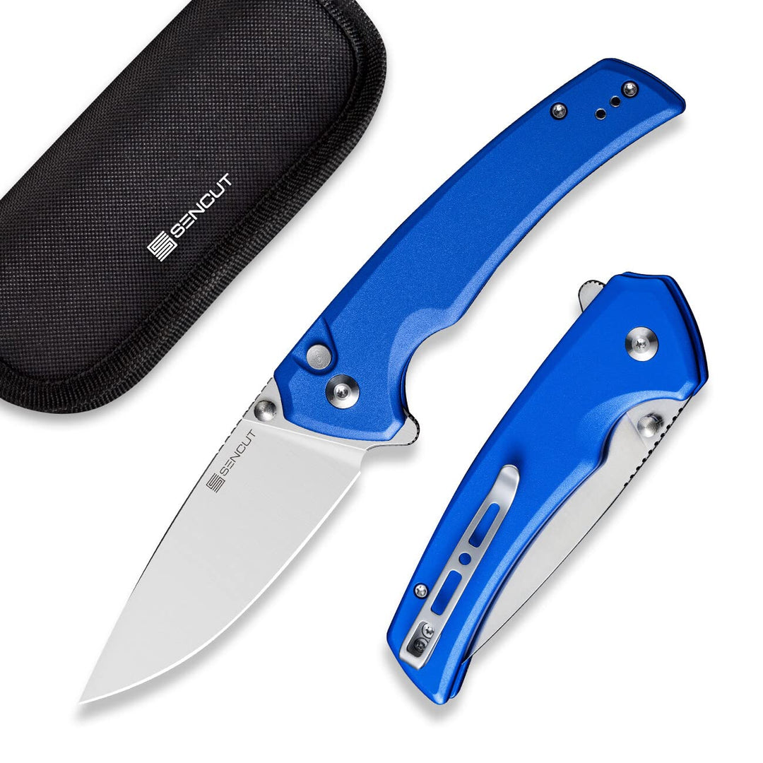 SENCUT Button Lock Pocket Knife for EDC, Serene Folding Knife, Thumb Stud & Flipper Opener, Aluminum Handle with 3.48" D2 Black Stonewashed Blade for Outdoor, Camping, Hunting S21022B-4 (Bright Blue)