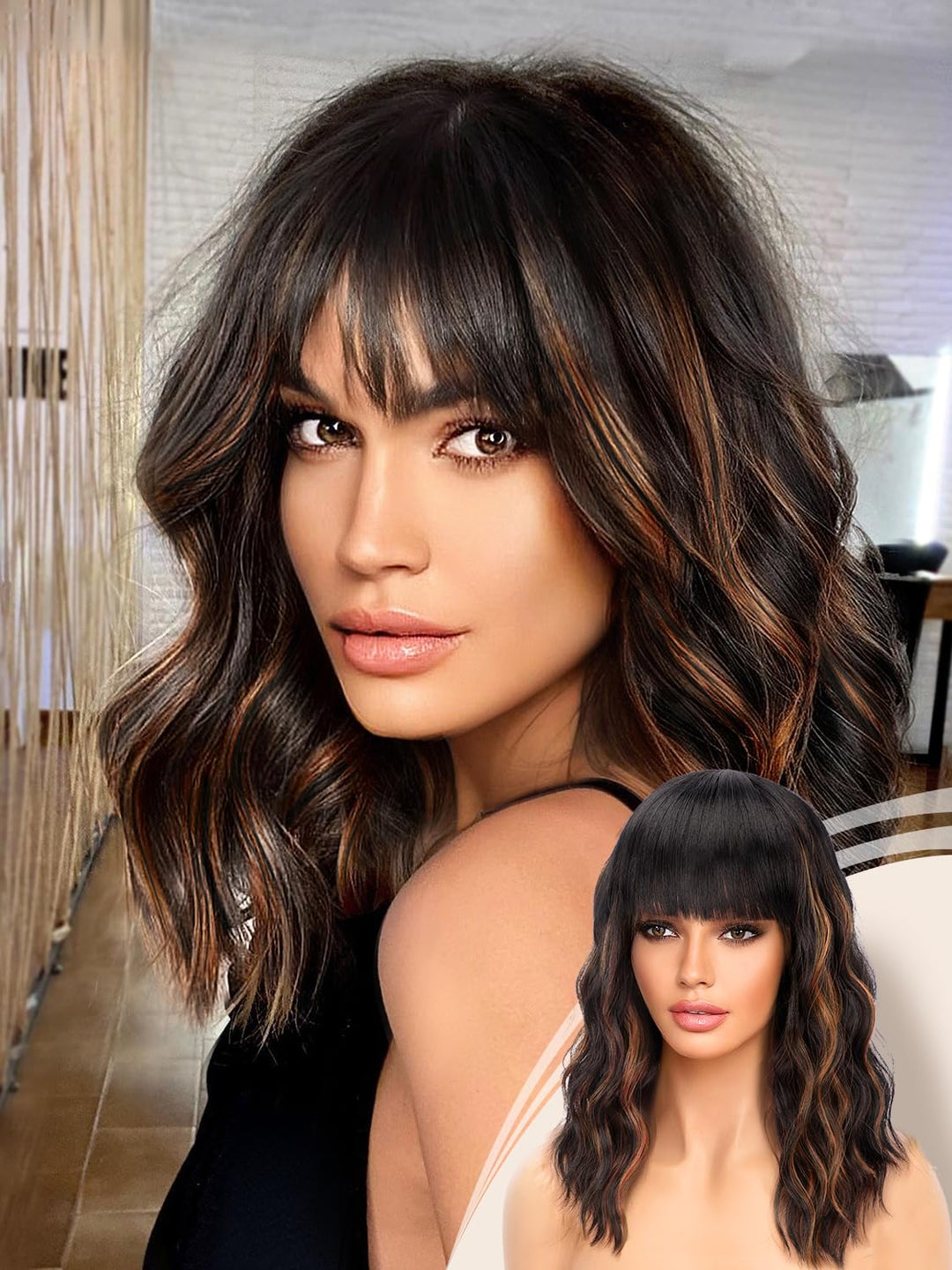 Nnzes Black Mixed Brown Wig with Bangs Short Bob Wavy Wigs Synthetic Curly Wig for Women Natural Looking Heat Resistant Fiber Hair for Daily Party Use