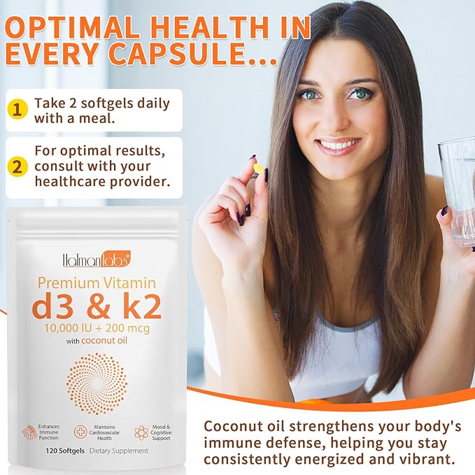 2 Bag Vitamin D3 K2 Supplement Softgel, Vitamin D3 K2 Softgel with 10000 IU Supports Immune, Heart, Teeth & Bone Health, Free of GMO, Gluten, Soy