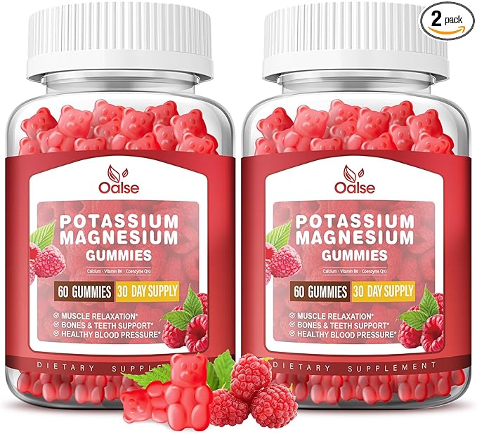 Potassium Magnesium Gummies for Adults Kids, High Absorption Potassium Citrate 99mg Magnesium Citrate 400mg, Chewable Gummy Supplements, Raspberry, 120 Count