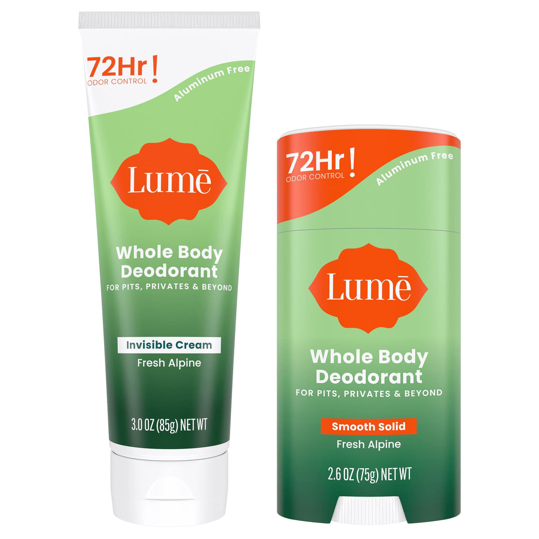 Lume Whole Body Deodorant - Invisible Cream Tube and Solid Stick - 72 Hour Odor Control - Aluminum Free, Baking Soda Free, Skin Loving - 3.0 Ounce Tube and 2.6 Ounce Solid Stick Bundle (Fresh Alpine)
