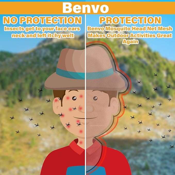 Benvo Mosquito Head Net Mesh One Piece Face Neck Fly Netting Cover from Bugs Gnats Noseeums Hat-Compatible Insect Shield for Fishing, Camping, Gardening (2pcs, Khaki, Upgraded Big Net)