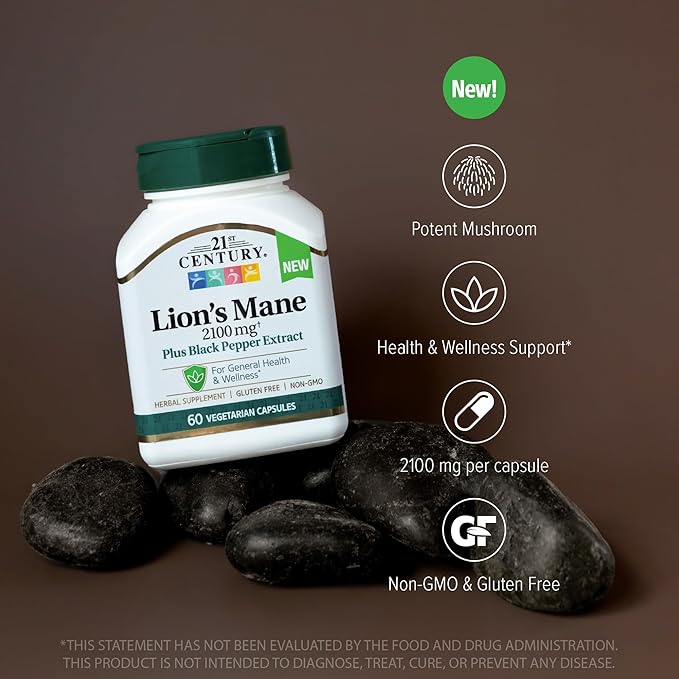 21st Century Lion's Mane 2,100 mg, Plus Black Pepper Extract, Vegetarian Capsules, 60 Count