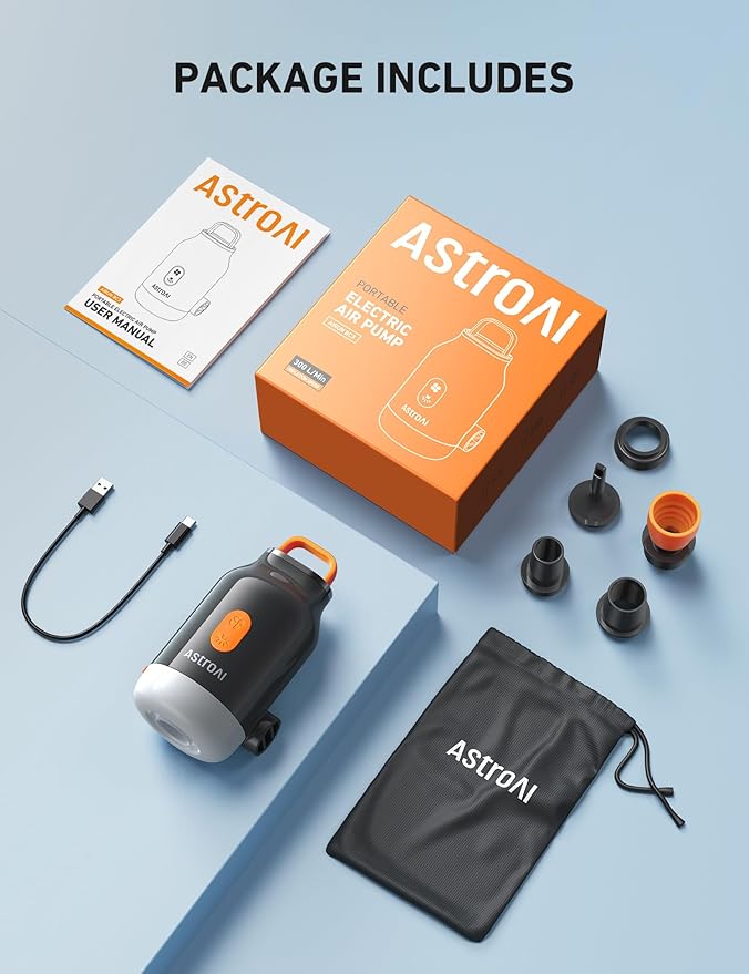 AstroAI Mini Air Pump for Inflatables with 3000mAh Battery Portable Air Mattress Pump with Camping Lantern Electric Air Pump with 5 Nozzles Inflate & Deflate Air Mattress, Vacuum Storage Bags Gray
