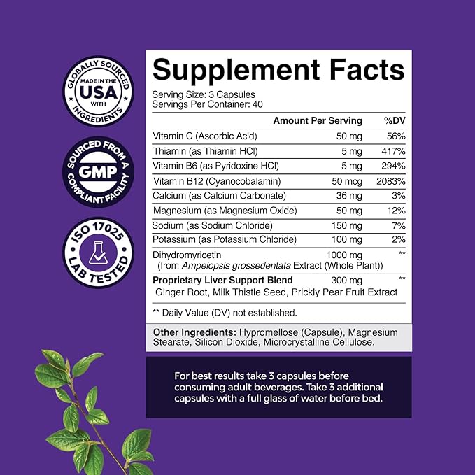 Re-Hydration Pills for After Drinking Recovery - Complete Pre and Post Drinking Liver Detox DHM Supplement with Dihydromyricetin Milk Thistle Extract Prickly Pear & Electrolytes (Up to 40 Servings)