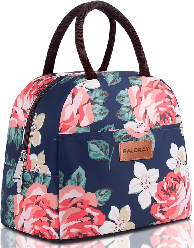 BALORAY Lunch Bag for Women Men Cute Reusable Insulated Lunch Box Large Capacity Lunch Tote Bag for Work, Picnic or Travel(Blue With Big Flower)