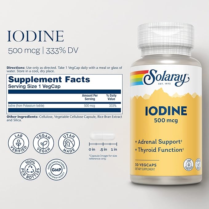 Solaray Iodine 500 mcg, Iodine Supplement for Healthy Adrenal and Thyroid Support, Energy, Metabolism, and Focus, Potassium Iodide, Vegan, 60-Day Money-Back Guarantee, 30 Servings, 30 VegCaps