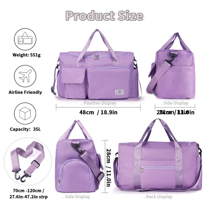 FIORETTO Women's Water-Resistant Gym Duffle Bag with Shoes Compartment, 37L Capacity, Multi-Functional, Ideal for Travel, Gym, Sports, Weekender, Purple