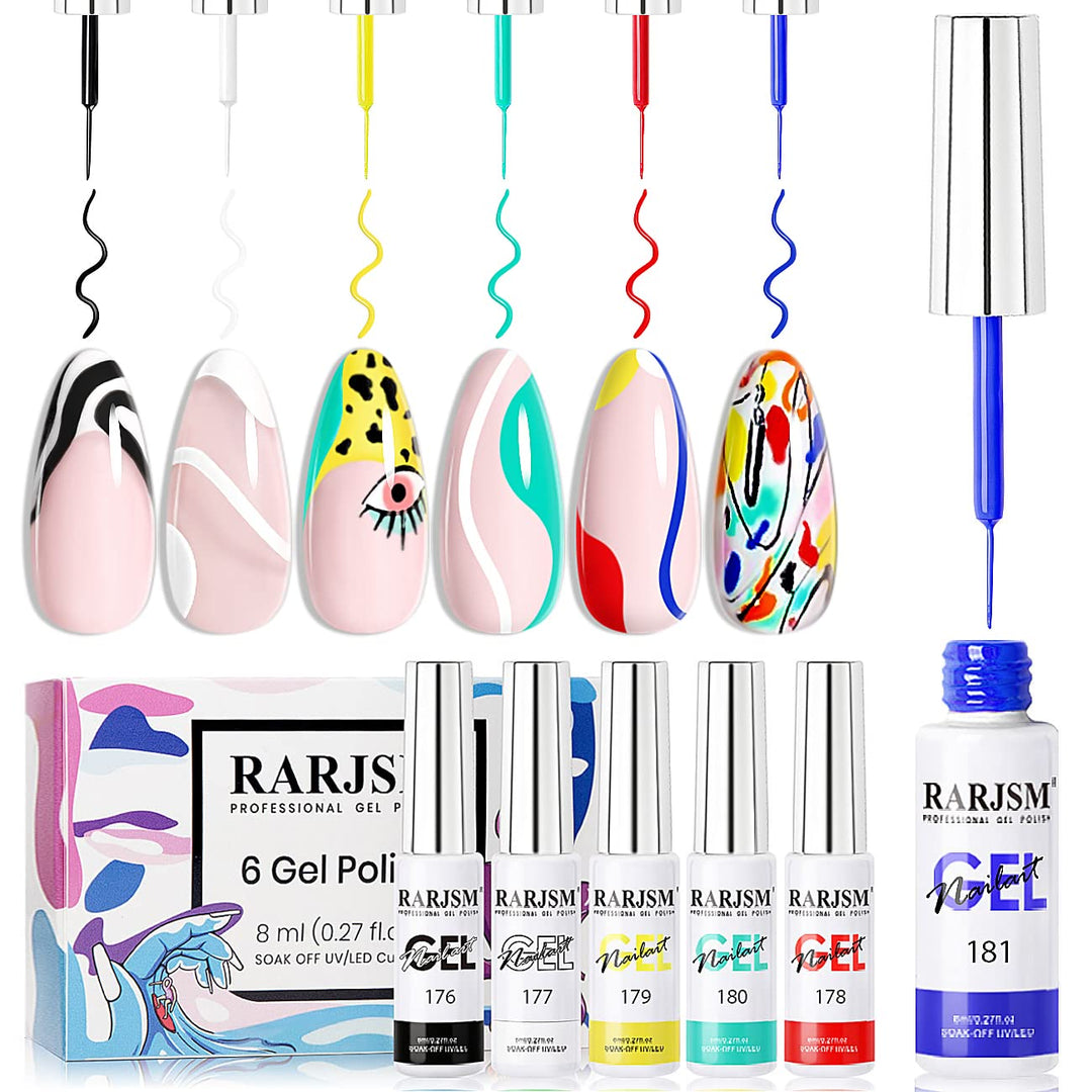 Rarjsm Painted Gel Nail Polish Set,6Pcs Black White Red Blue Green Yellow Liner Polish Pen Uv Led Curing Requires Nail Painting