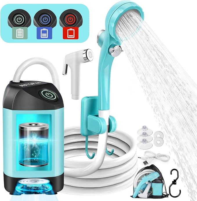 AUTOPkio Portable Camping Shower - Outdoor Camp Shower with Showerhead Sprayer & Rechargeable Battery Pump for Camping, Travel, Hiking, Car Washing, Pet Bath