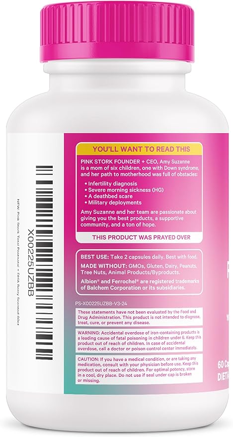 Pink Stork Total Postnatal Vitamins for Women with Vegan DHA, Iron, Folate, and Vitamin B12, Postpartum Recovery Essentials, Daily Supplement for Breastfeeding Moms - 1 Month Supply