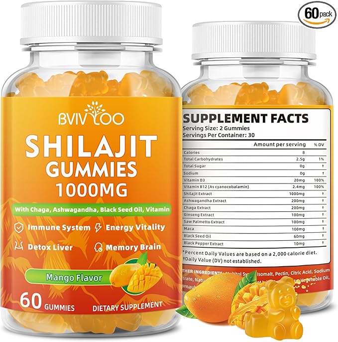 Shilajit Gummies 1000mg Sugar Free - Pure Himalayan Shilajit Supplement for Men & Women - High in 85+ Trace Minerals & Fulvic Acid - Energy, Brain, Immunity - 60 Gummies