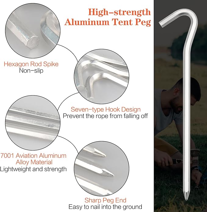 Tent Pegs, 64 Pack Aluminum Tent Stakes Pegs with Hook, 7" Hexagon Rod Lightweight Canopy Stakes Pegs for Camping, Canopy, Outdoor Decoration(7", 64 Pack)