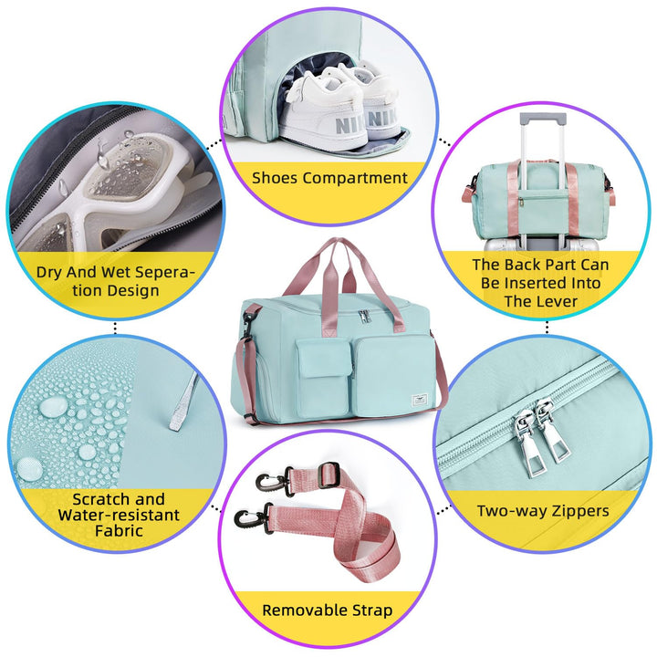 FIORETTO Women's Water-Resistant Gym Duffle Bag with Shoes Compartment, 37L Capacity, Multi-Functional, Ideal for Travel, Gym, Sports, Weekender, with Toiletry Bag, Green & Pink