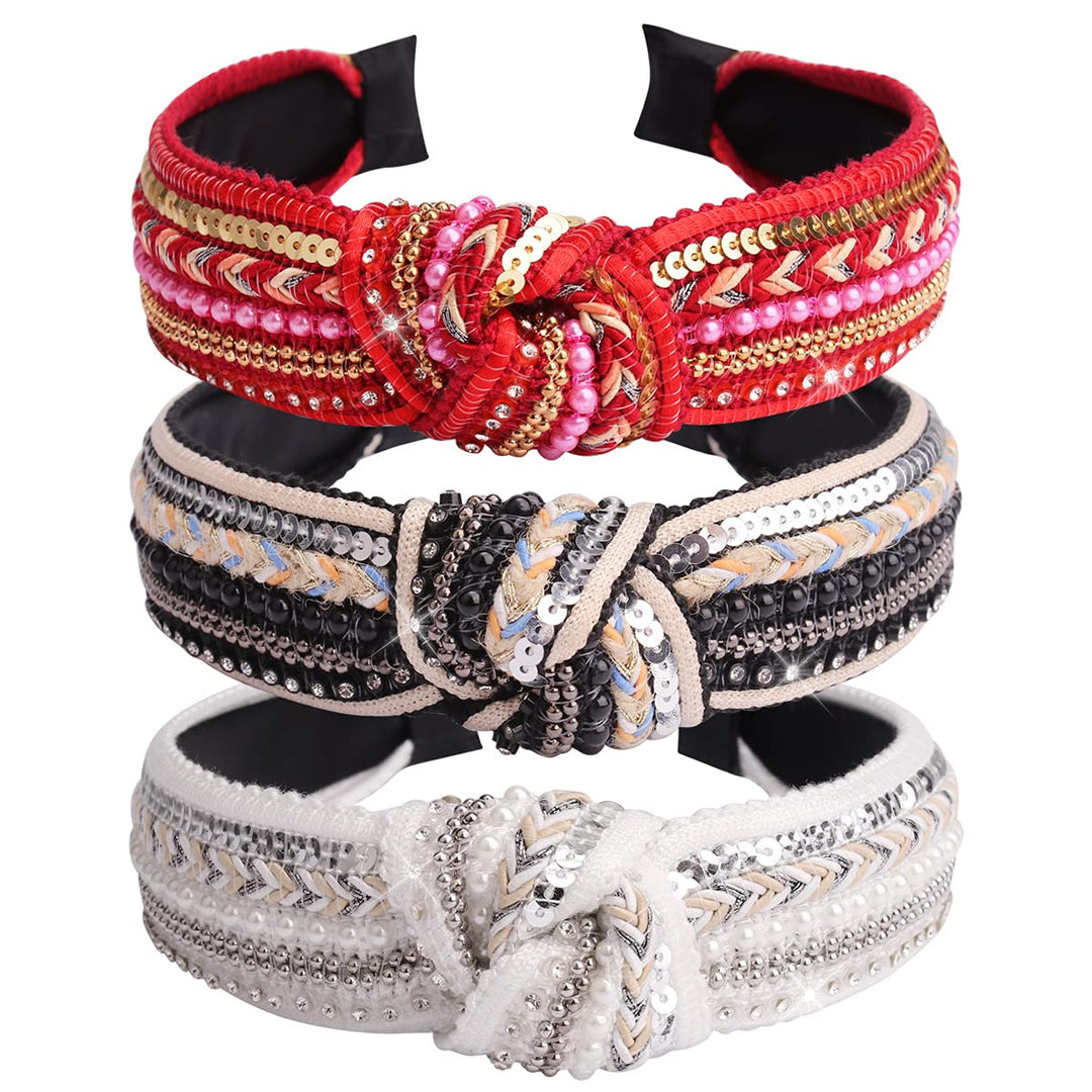 Tobatoba Knotted Headbands For Women Sequins Pearl Headband Top Knot Headband Turban Boho Headbands For Women Beaded Wide Headba