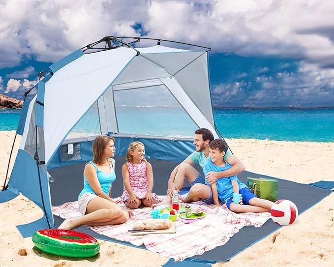 Beach Tent Instant Pop up Sun Shade Shelter for 4-6 Person with UV Protection，Extended Floor，3 Mesh Roll Up Windows with Carry Bag, Sandbags, Stakes(Turquoise)