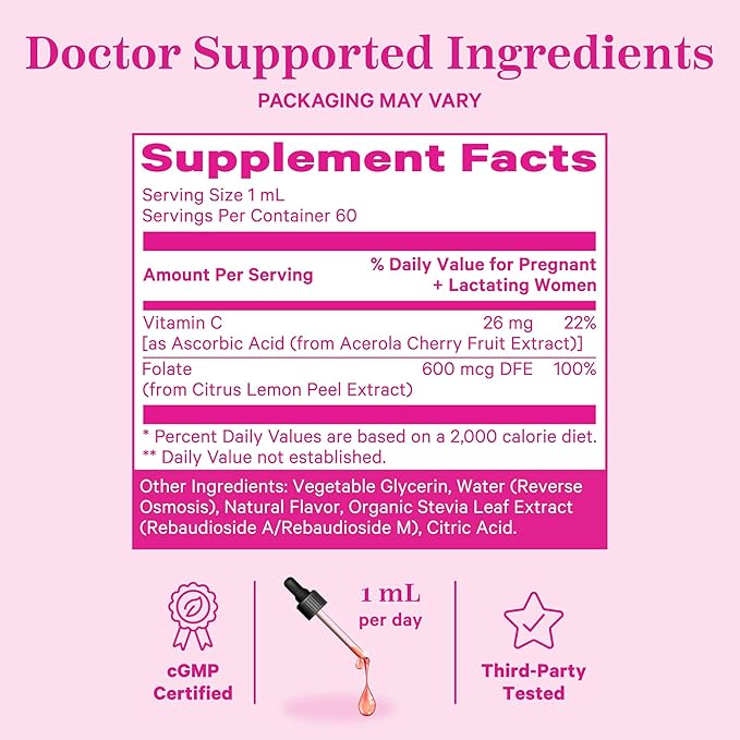 Pink Stork Liquid Folate: Whole-Food Vitamin B9 from Lemon Peels, Natural Folic Acid with Vitamin C, Liquid Prenatal Vitamins for Women, Pregnancy Must Haves, Women-Owned, 2 oz