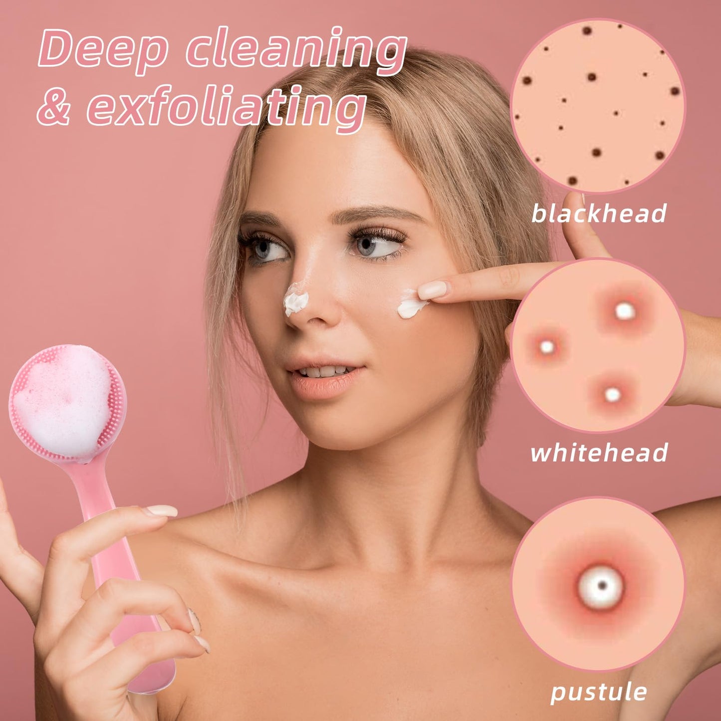 2Pcs Silicone Face Scrubber, Skin Friendly Pore Cleaning Brush Facial Cleansing Brushes for Women Men Blackheads Whiteheads Makeup Skincare Removal (Blue, Pink)