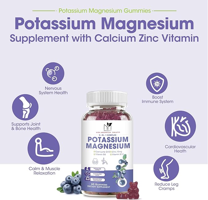 2 Pack Potassium Magnesium Gummies, Sugar-Free Potassium Gummies with Magnesium Glycinate 500mg Chewable Magnesium Potassium Supplements with Calcium, Zinc, Vitamin for Leg Cramps & Muscle