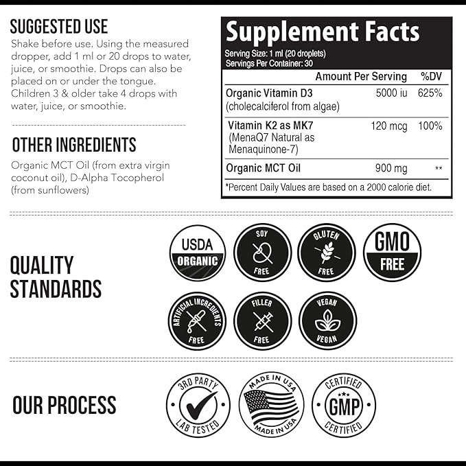 Organic Plant D3+K2 (5000 iu D3) All-Trans MK7 from MenaQ7 (120 mcg K2) 100% Organic & Plant-Based Sublingual D3 Drops (Cholecalciferol), 100% Vegan, Supports Immunity, and Bone, (1oz-2Pack)