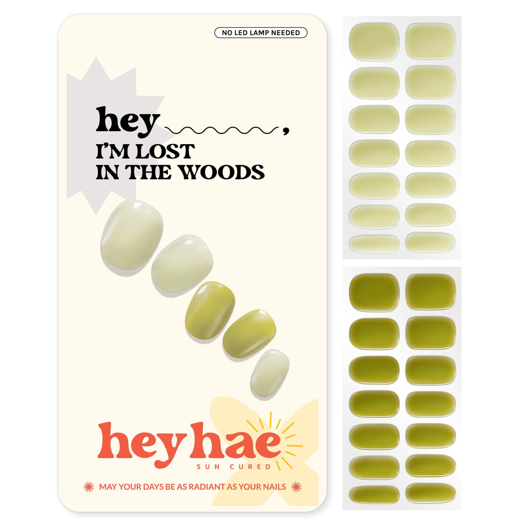 Heyhae Semi Cured Gel Nail Strips | Sun Cured No LED Lamp Needed Easy Apply & Remove | Includes 28 strips, 1 Prep Pad, 1 Nail File & 1 Wooden Stick - Hey, I'm Lost in the Woods